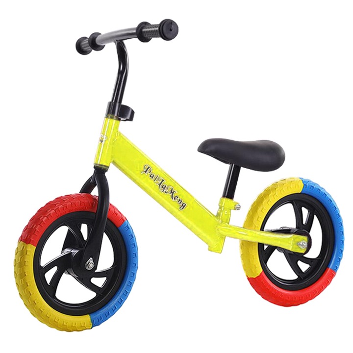 Bicicleta de echilibru fara pedale, Bicicleta incepatori pentru copii intre 2 si 5 ani, Galbena, cu roti in 3 culori