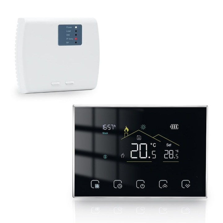 Termostat ambiental smart pentru centrala, wireless, storeful, Compatibil orice centrala termica pe gaz, RF Wireless, Receiver inclus, Monitorizare si automatizare temperatura ambientala, Control prin aplicatie iOS/Android, 6 programe, touch screen