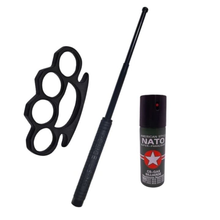 Set 3 accesorii autoaparare DEPOX®, baston telescopic otel, 50 cm, box si spray paralizant iritant