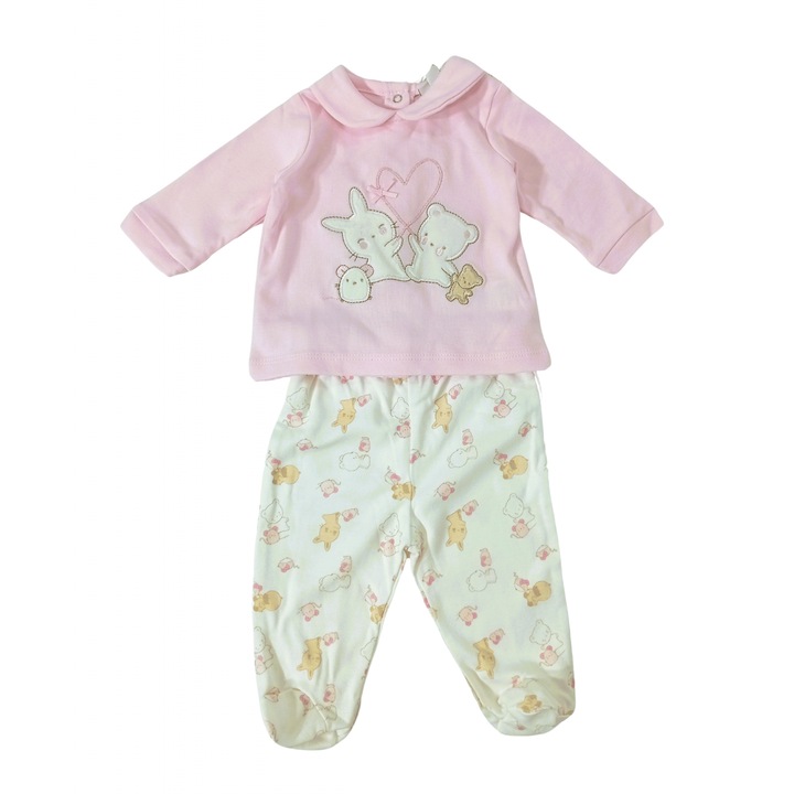 Pijama lunga fete, OVS, Iepuras si Ursulet, Bumbac organic, 3-6 luni 1522, Roz