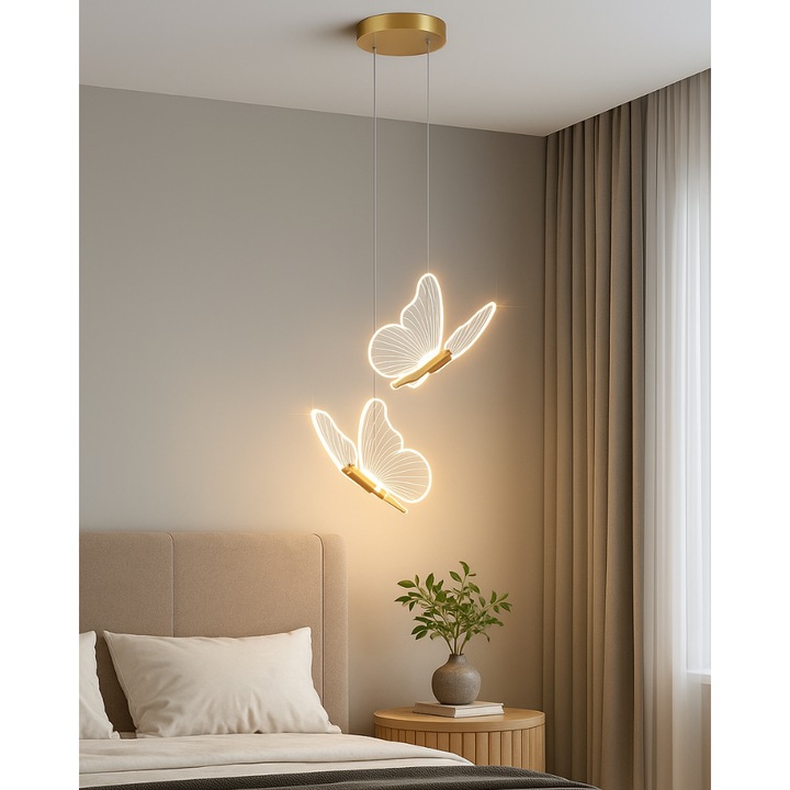 Lustra LED, Suspendata, Pendul, 2 Surse de Lumina, Design in forma de Fluture, Dimabila, 3 Tipuri de Lumina, Calda, Neutra si Rece, Potrivit pentru Dormitor, Bucatarie, Hol, Living, Camera Copii, Restaurant, Auriu/Transparent, FilSAB