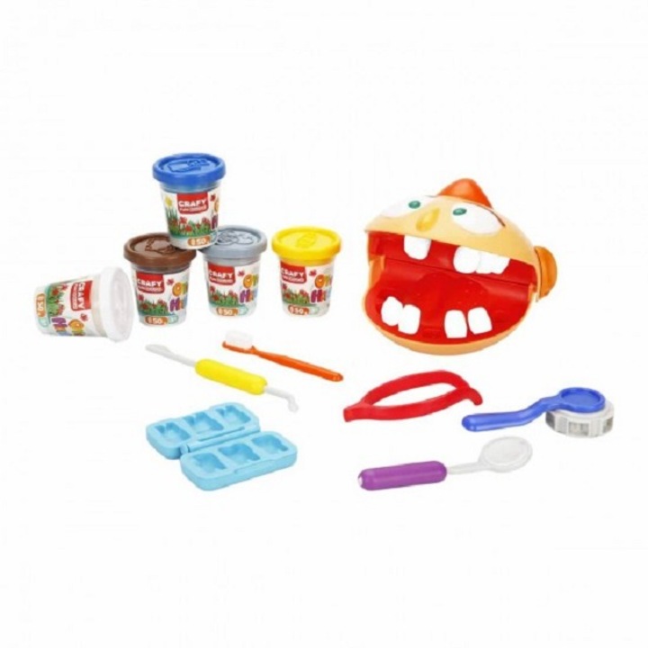 Set pasta de modelat si accesorii Dentist, Dintii Fericiti, Crafy Fun Dough 5x50 gr. 7 accesorii