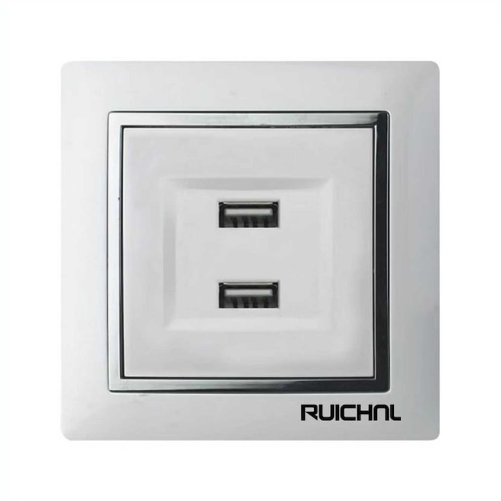 Priza, Ruichnl, 2 porturi USB, 85 x 85 mm, Alb/Argintiu