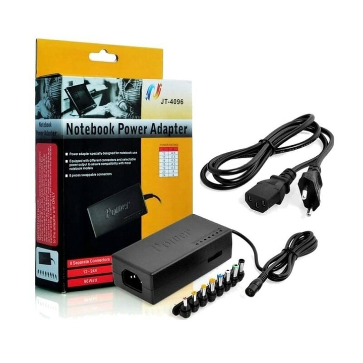 Hálózati adapter 8 csatlakozóval, 96W, 110V-240V, 12V-24V