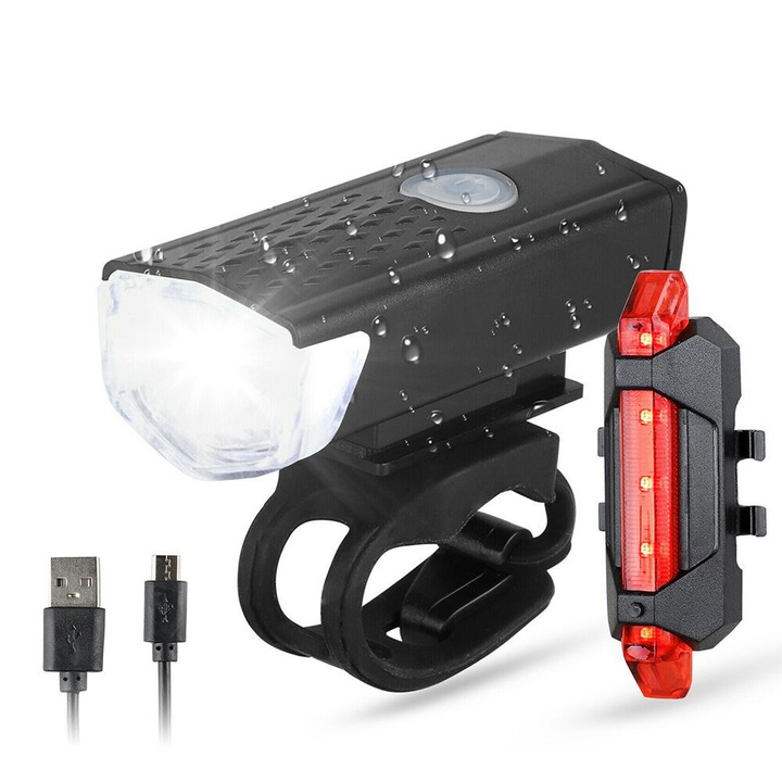 Far profesional pentru bicicleta / trotineta, IP65 Rezistent la Apa si Praf, 3 moduri luminare, reincarcabile USB, Negru/Rosu