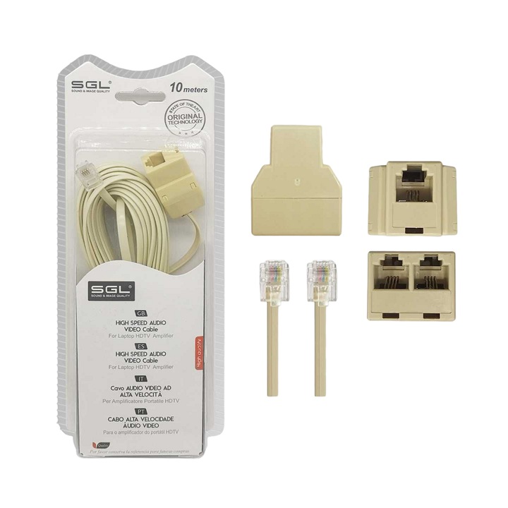Cablu linie telefonica cu splitter, Sgl, 10 m, Alb
