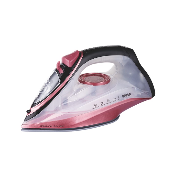 Fier de calcat cu aburi DSP KD1096 612135, fara fir cu baza de incarcare, 2200W, talpa ceramica, rezervor 275 ml, abur 15±5 g/min, anti-cal, roz/negru