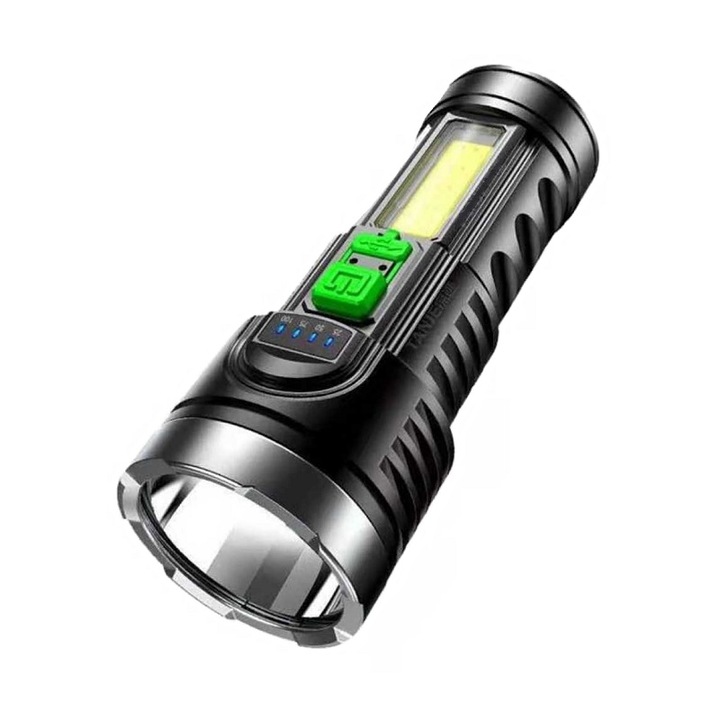 Lanterna LED reincarcabila, ABS, 4 moduri iluminare, Negru