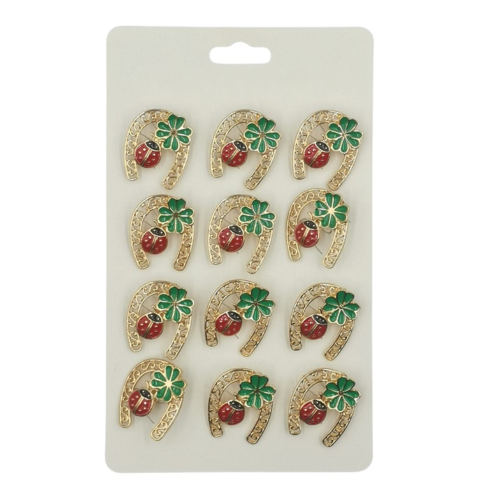 Set 12 brose pentru martisor, NEVERMORE, Potcoava cu trifoi, Auriu