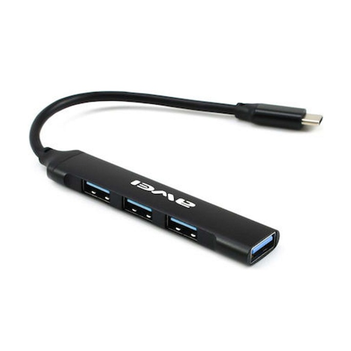 4-портов хъб адаптер, Awei, USB 2.0/USB C, 130 см, 20 г, черен