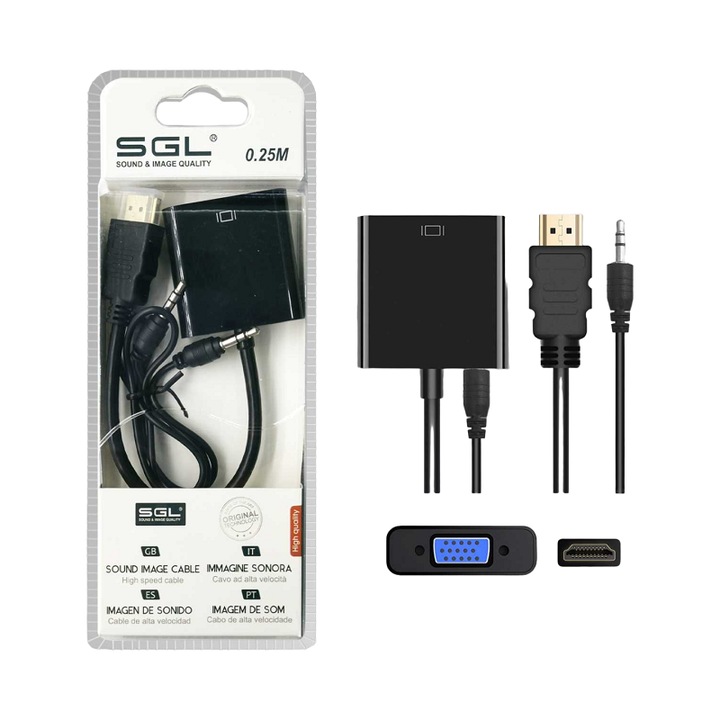 Adaptor VGA lto HDMI si Jack 3.5 mm, 25 cm, Negru