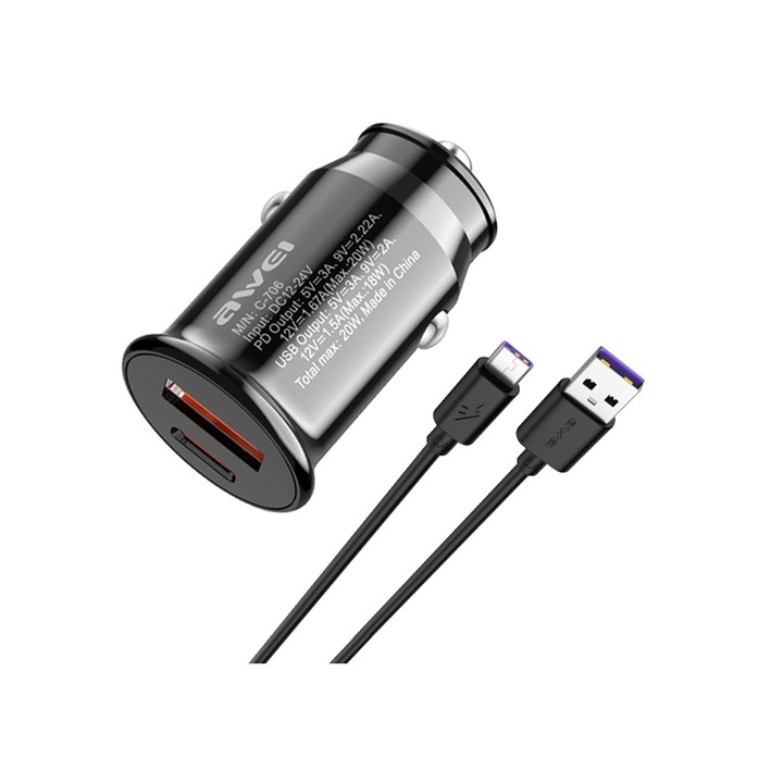 Incarcator bricheta auto, Awei, Incarcare USB-C, 20W, Negru