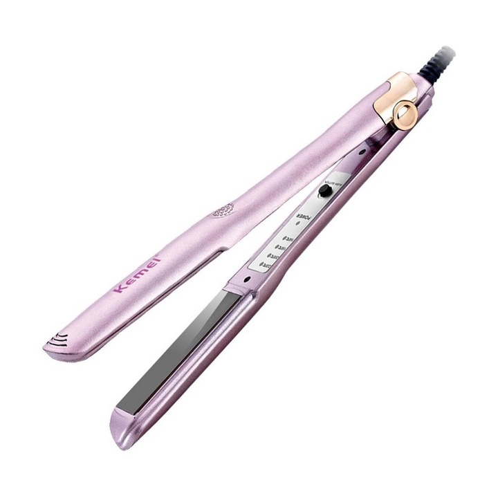 Placa de indreptat parul, Kemei, Ceramica, Temperatura regabila 160-220 grade, 30W, Incalzire in 30", Roz