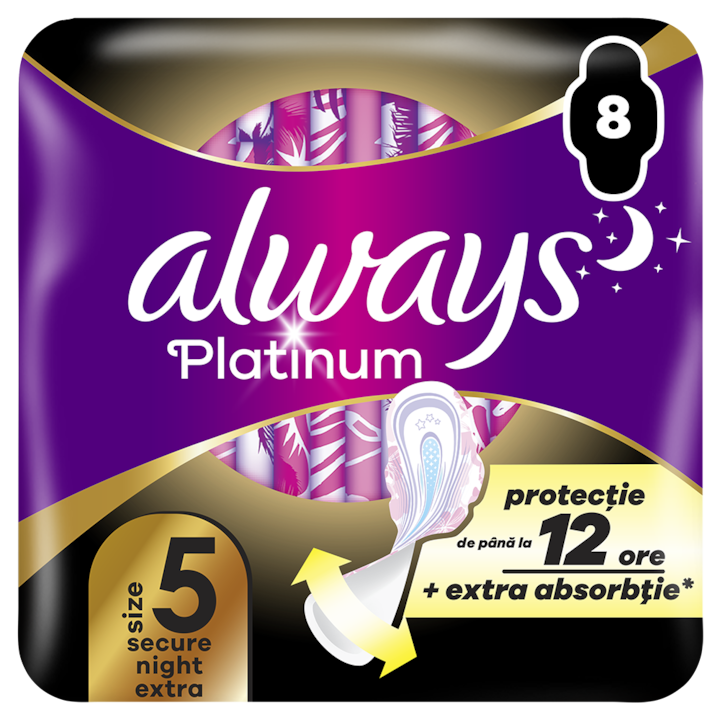 Дамски превръзки Always Platinum Secure Night Extra Duo Pack, 8 бр