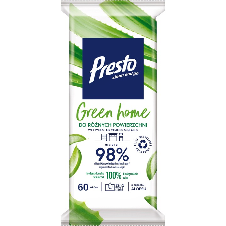Servetele umede pentru diverse suprafete, Presto Green Home, 60 bucati