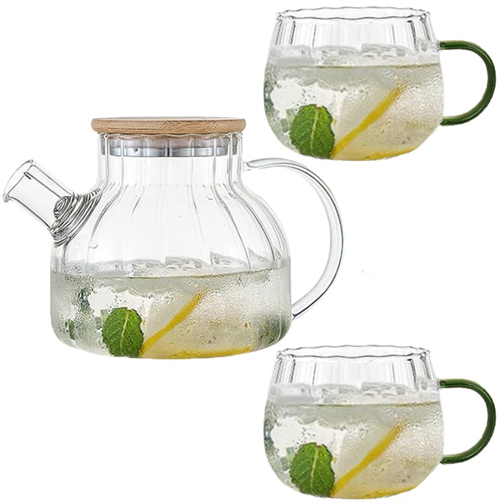 Комплект чайник с цедка и чаши Quasar & Co., 950 ml/2x400 ml, Прозрачен