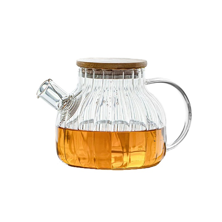 Teáskanna, Quasar & Co., tea/kávétároló szűrővel és fedéllel, 950 ml, boroszilikát/bambuszüveg, átlátszó