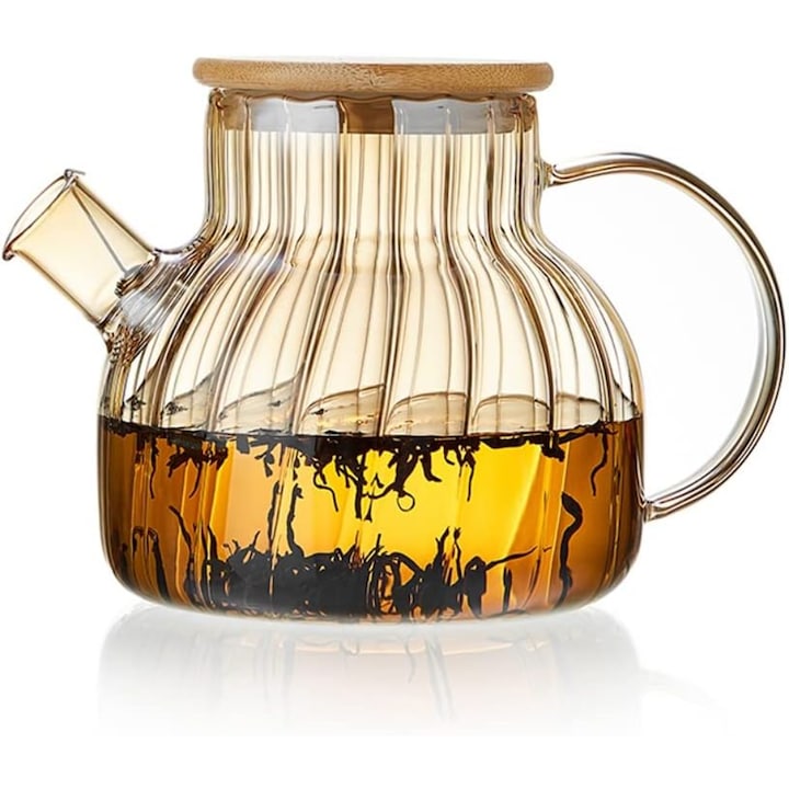 Teáskanna, Quasar &Co., tea/kávétál szűrővel és fedéllel, 950 ml, boroszilikát/bambuszüveg, borostyán