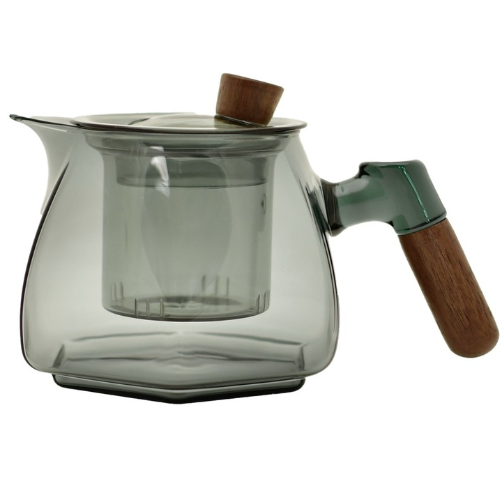 Чайник Quasar & Co., чай/кафе с филтър и капак, Термоустойчиво стъкло, 600 ml, Сиво-кафяв