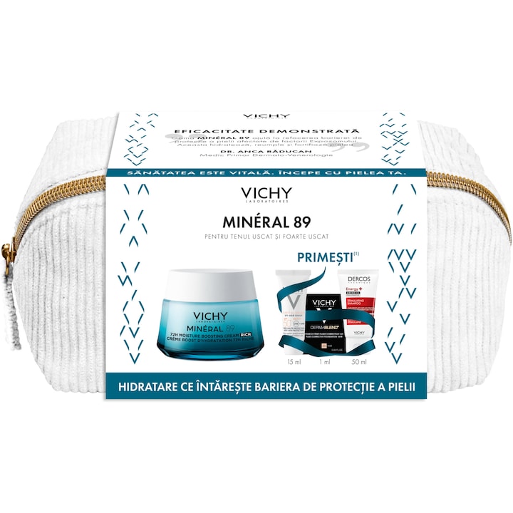 Pachet Crema intens hidratanta 72H, Vichy Mineral 89 cu acid hialuronic si niacinamida pentru tenul uscat, 50 ml