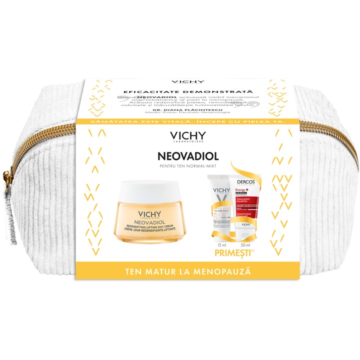 Pachet Crema de fata antirid de zi cu acid hialuronic Vichy Neovadiol Peri-Menopause cu efect de redensificare si reumplere, ten normal-mixt, 50 ml