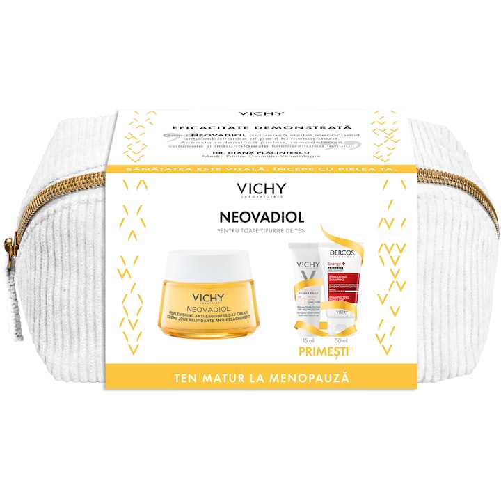 Pachet Crema de zi cu acid hialuronic Vichy Neovadiol Post-Menopause cu efect de refacere a lipidelor si redefinire, 50 ml
