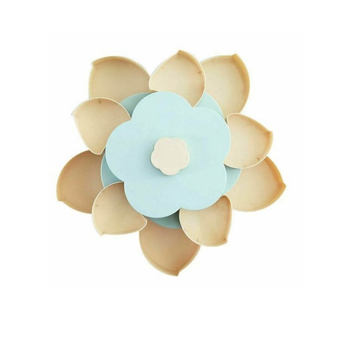 Cutie pentru bomboane, snacks in forma de floare, 2 Nivele, 10 compartimente, Albastru-Crem