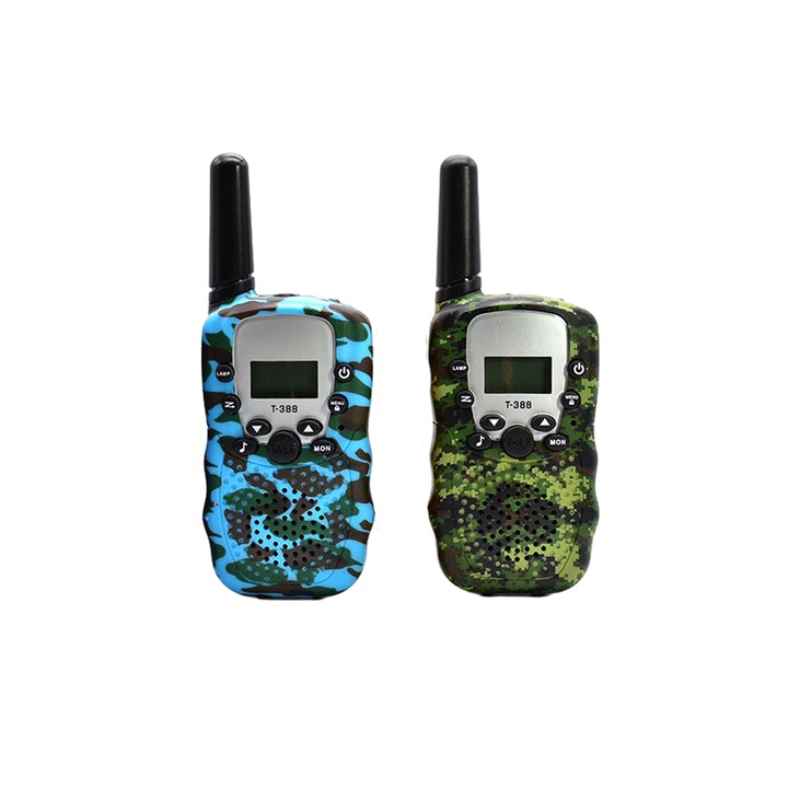 2db walkie talkie gyerekeknek, Axroad Mall, Signal 1000 méterig, 22 csatorna, Antenna és zseblámpa, AAA elemekkel, Hegymászáshoz, túrázáshoz, ABS, 3,5x5,6x14,5 cm, Zöld álcázás/Kék álcázás