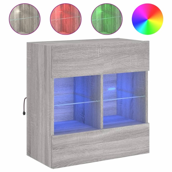 Comoda TV de perete cu lumini LED vidaXL, gri sonoma, 58,5x30x60,5 cm, 18.06 Kg