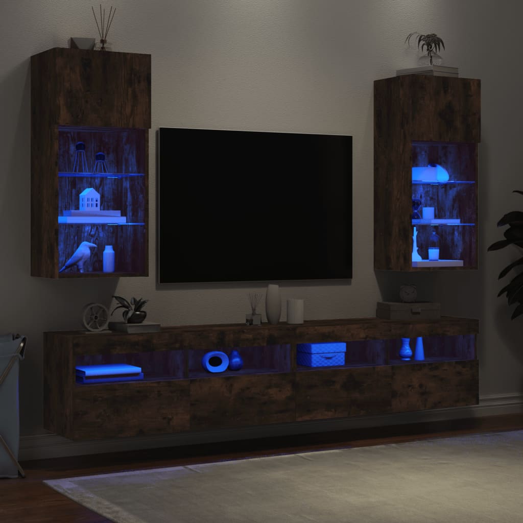 Set 2 dulapuri living, Zakito Europe, LED RGB, lemn, maro, 40.5x30x90cm ...