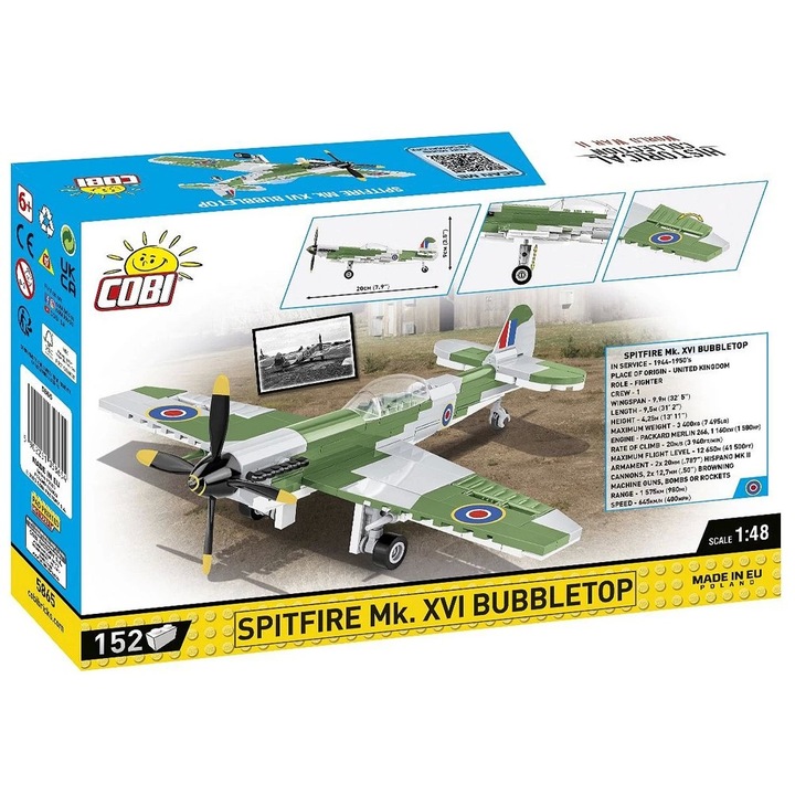 COBI 5865 Építőkészlet, WWII Spitfire Mk. XVI Bubbletop repülőgép, 152 darabos, 1:48, 20x21x9 cm, többszínű