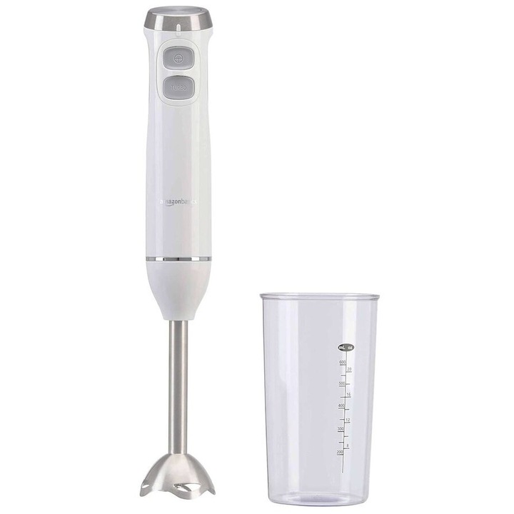 Ръчен блендер Amazon Basics MJ-BH6001W, Мерителна чаша, Променлива скорост, 600 W, Бял