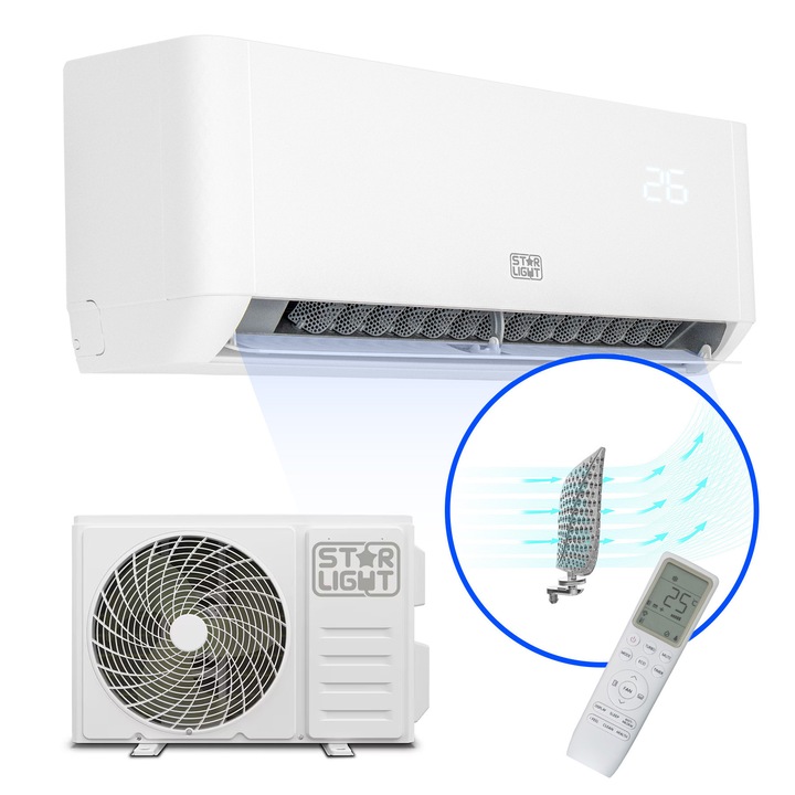 Aparat de aer conditionat Star-Light 9000 BTU Wi-Fi, Clasa A+++/A++, Gent-Wind Technology, 3D Air Flow, 3D Inverter, Dezumidificare inteligenta, Follow me, Functie incalzire, Display, ACT-09TSWF, Alb