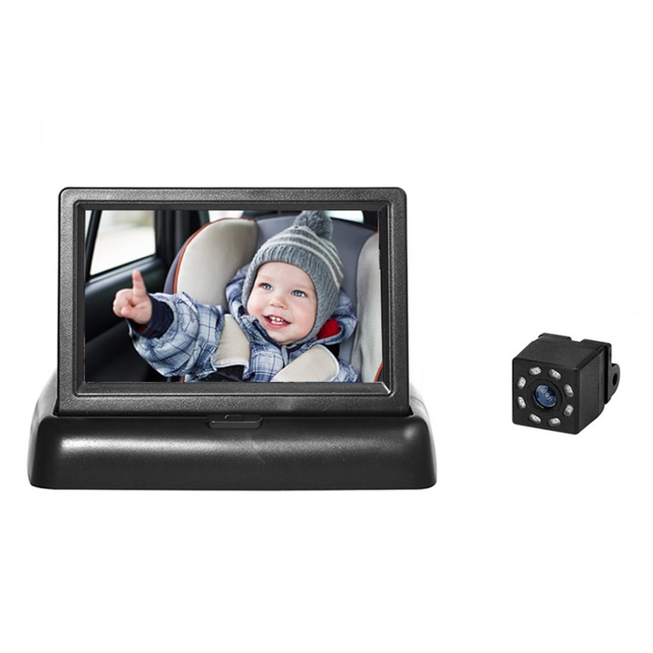 Autós videokamera babák és gyerekek megfigyelésére, FULL HD monitor, 5 hüvelykes LCD, Éjjellátó, Fekete