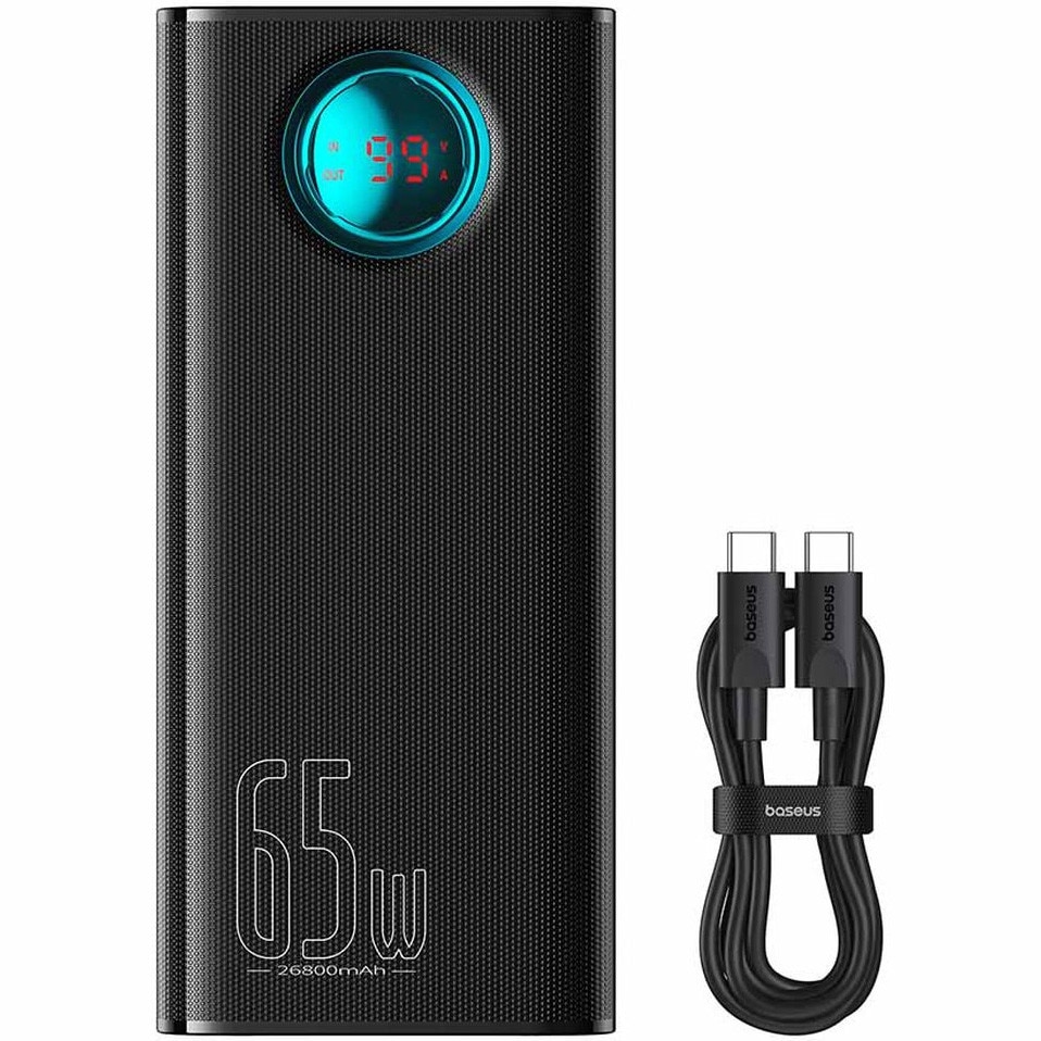 Acumulator extern Baseus Amblight Digital Display, 26.800 mAh, Incarcare rapida, 65W, cablu USB-C la USB-C inclus, Negru