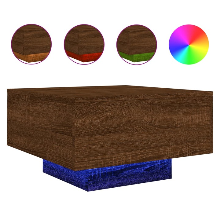 Маса за кафе с LED осветление vidaXL, Кафяв дъб, 55x55x31 см, 12.05 Kg