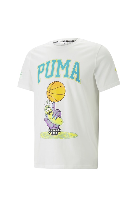 Puma, Tricou cu model logo si grafic pentru baschet, Alb