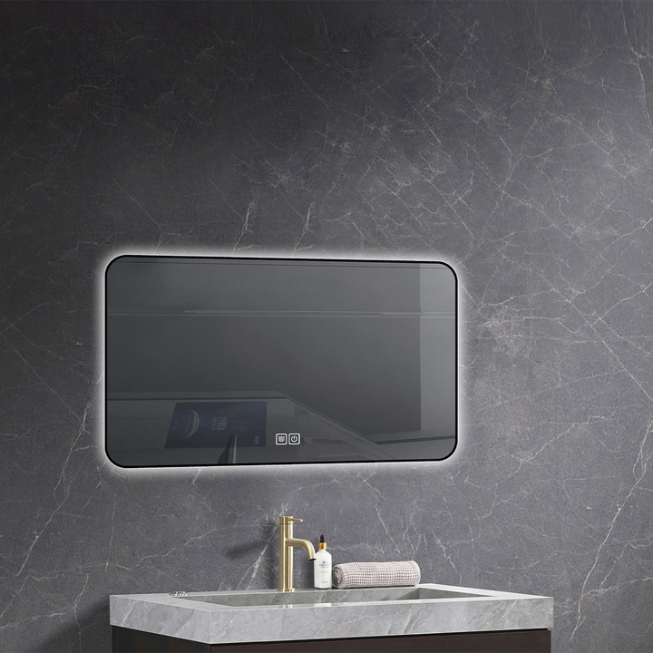 Oglinda Led, Cadru Negru, Dezaburire, Buton Touch, 3 Culori, Intensitate reglabila, dimensiune 70 x 120 cm, Feliz