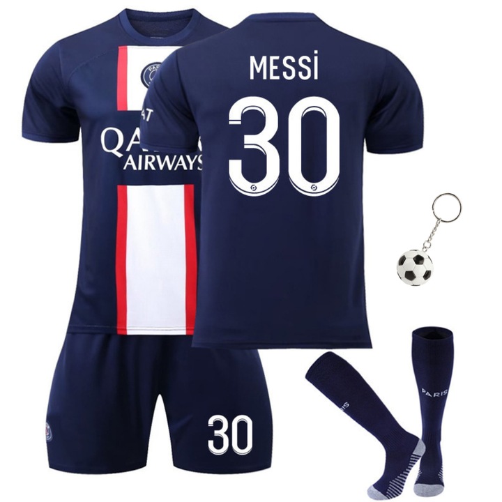 Echipament Sportiv Copii Messi Paris Home Tricou de Fotbal Set, Party Chili®, sezonul 2022/2023, Ziua Copilului, Poliester, Alb/albastru, Alb/Albastru