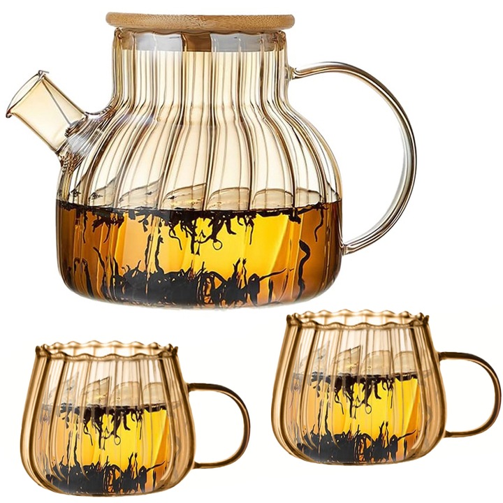 Teáskanna készlet 2 csészével, Quasar & Co., szűrővel és fedéllel, 950 ml/2x400 ml, boroszilikát/bambuszpohár, borostyán
