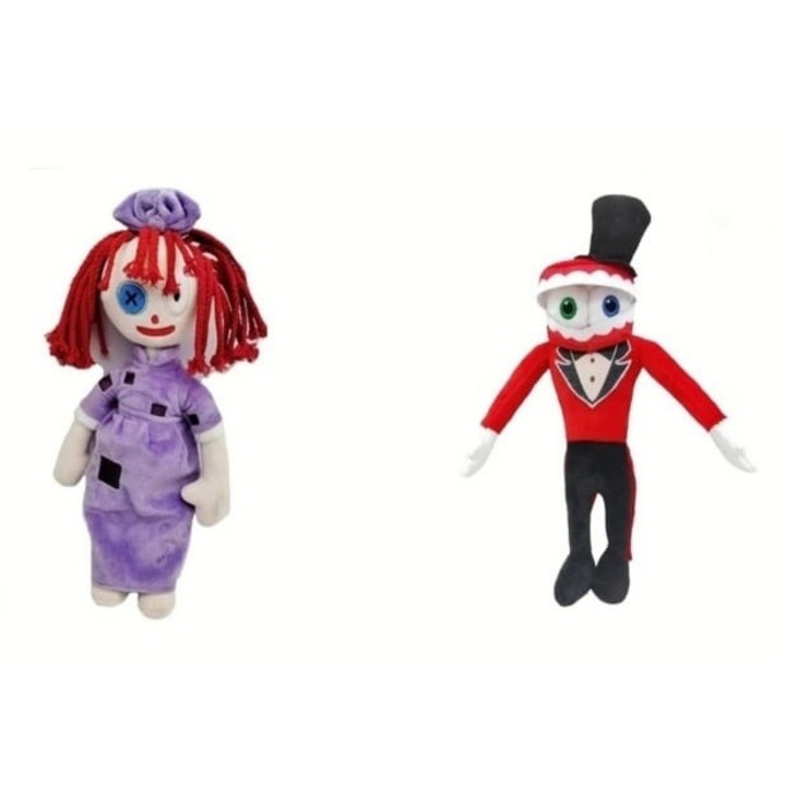 Set 2 Jucarii de plus, Circus Clown Toy Anime, mov/rosu, 30 cm