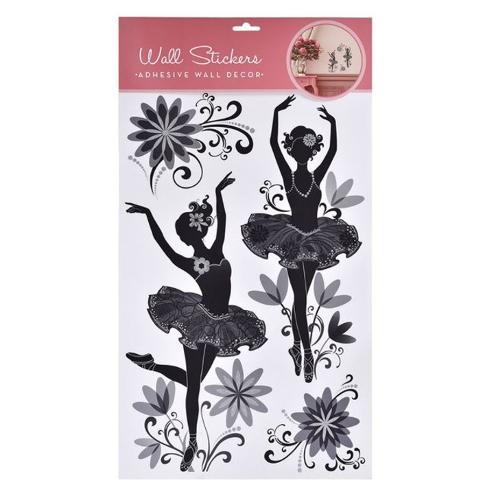 Sticker de perete cu balerina si fluturi, 32x50cm, 4 piese, Negru