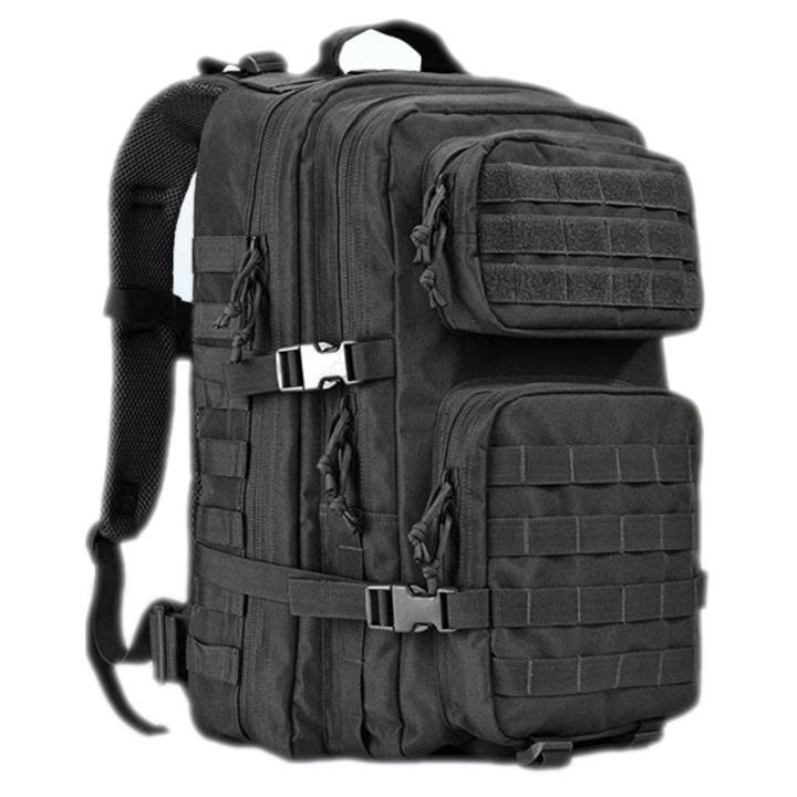 Taktikai hátizsák, 45 literes, állítható, 50x30x30 cm, poliészter 600D, 1,5 kg, 3 zászló, vízálló, fekete