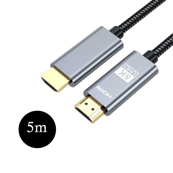 HDMI 2.1 kábel, Hggzeg, 5 m, 48 Gbps, 8K 60 Hz, 4K 120 Hz, dinamikus HDR, DolbyVision, 3DVideo, változó frissítési gyakoriság, továbbfejlesztett hangvisszatérő csatorna (eARC), kompatibilis a PS5 konzollal, Xbox, Grafika XS/S Aluminium sorozattal