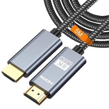 Cablu HDMI 2.1 tata-tata, Hggzeg, 5M, 8K@60HZ, 4K/2K@120Hz, 48Gbps, HDR dinamic, DolbyVision, Video 3D, Enhanced Audio Return Channel (eARC), Compatibil PS5 / TV / Monitor, Nylon/aluminiu, Gri