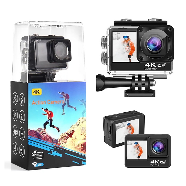 Camera de Actiune idealSTORE SmartGO-Cam 4K Ultra HD, Foto 16 MP, Video 4K/30fps, Waterproof 30 m, Telecomanda, Functie de Inregistrare, Autonomie 90 minute, Unghi Larg 170°, Wifi, Ecran Tactil