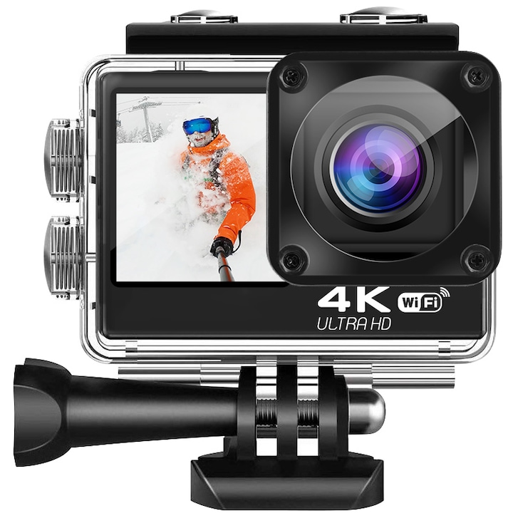 idealSTORE SmartGO-Cam 4K Ultra HD akciókamera, fénykép 24 MP, videó 4K/30 fps, vízálló 30 m, távirányító, rögzítési funkció, autonómia 90 perc, széles látószög 170°, Wifi, érintőképernyő