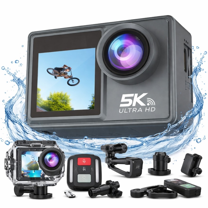 Camera de Actiune idealSTORE SmartSONY-Cam 5K Ultra HD, Foto 24 MP, 256 GB, Stabilizare imagine EIS, Microfon, Functie WiFi, Unghi Larg 170°, Senzor Sony, Port HDMI si USB-C, Fotografiere Multi Mod, Filmare Subacvatica 30 m adancime