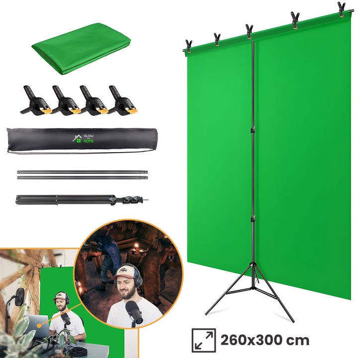 Kit perete fundal verde profesional pentru studio foto/video, GlowforHome, Green Screen portabil de tip Roll Up cu panza Chroma Key pentru streaming, 4 cleme, stativ sustinere, geanta de transport, 260x300 cm, negru