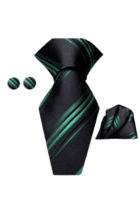Set Cravata, Batista si Butoni, Negru cu Imprimeu Verde, 160 x 8.5 cm, Model Dungi, 100% Matase